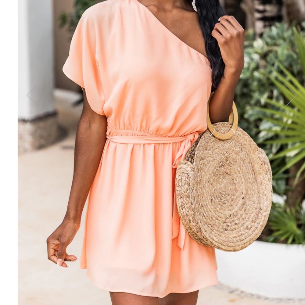 Pink lily lifetime chance orange one shoulder belted mini dress- medium